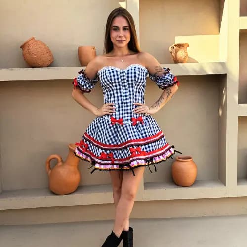 Vestido Festa Junina Adulto Caipira Corset e Saia Rodada Xadrez Com Renda São João Luxo
