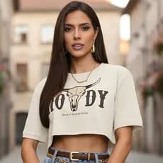 Cropped Estampado Camiseta Feminina Básica De Malha Algodão Confortavel Moda Premium Touro Country