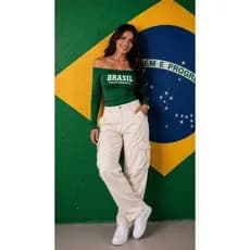 Body Ombro a Ombro Manga Comprida Longa Blusa Feminina Elegante Body Ciganinha Suplex Copa Brasil South America