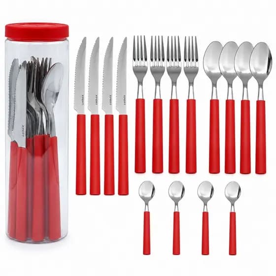 Jogo De Talheres 16 Peças Inox Cabo Vermelho Faqueiro Completo Com Embalagem Organizadora