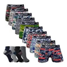 kit 10 Cuecas Boxer Microfibra Estampadas + 12 Pares de Meias Cano Curto Elástico Largo Resistente