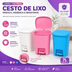Lixeira 6L Azul, Rosa e Branca c/ Tampa e Pedal Redução de Odores