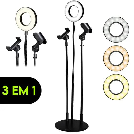 Ring Light 3 Tons Led Com Suporte 3 Em 1 Para Celular e Microfone Gravação