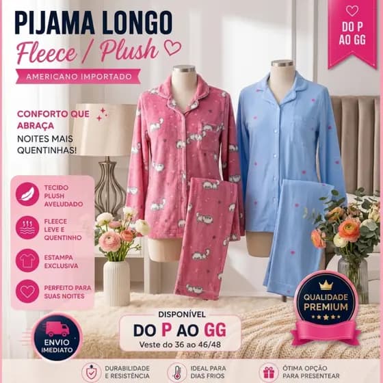 Pijama Feminino Longo Americano Plush Fleece Peluciado Térmico Inverno Moda Premium P ao GG