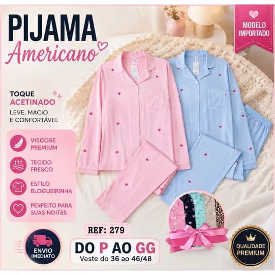 Pijama Feminino Longo Americano Acetinado Térmico Premium Importado Inverno Blogueira P ao GG