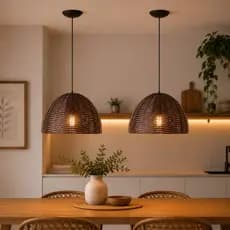 Kit 2 Pendente de Rattan Vime Natural Luminária de Teto E27 Decoração Sala Cozinha Balcão