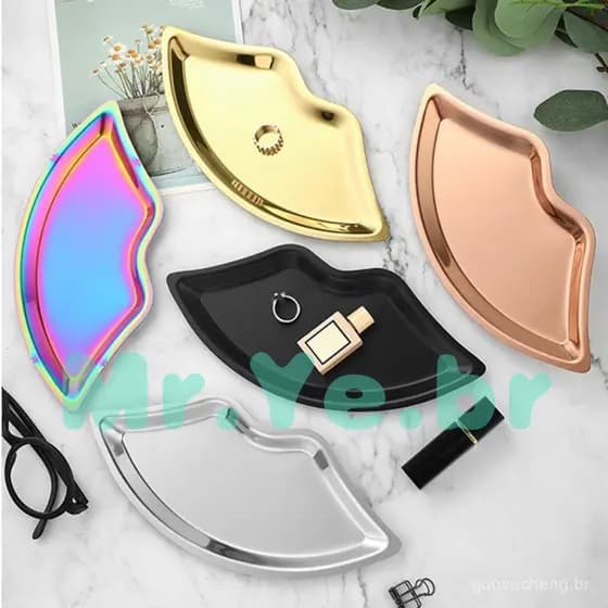 Bandeja Organizadora de Joias em Forma de Lábio de Aço Inoxidável Decoração de Mesa para Cosméticos