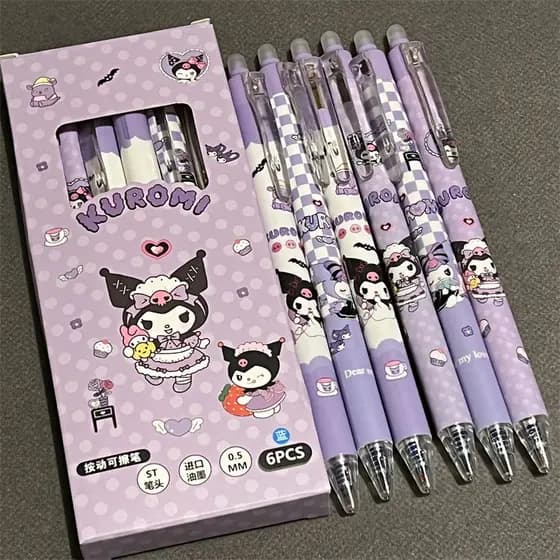 6-Pack/0.5mm Canetas Apagáveis de Anime Kuromi Fofas Sanrio Kawaii Gel Cartoon Estudante Fofo