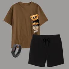 Kit Camiseta Infantil Urso e Short Moletinho Masculino + Brinde