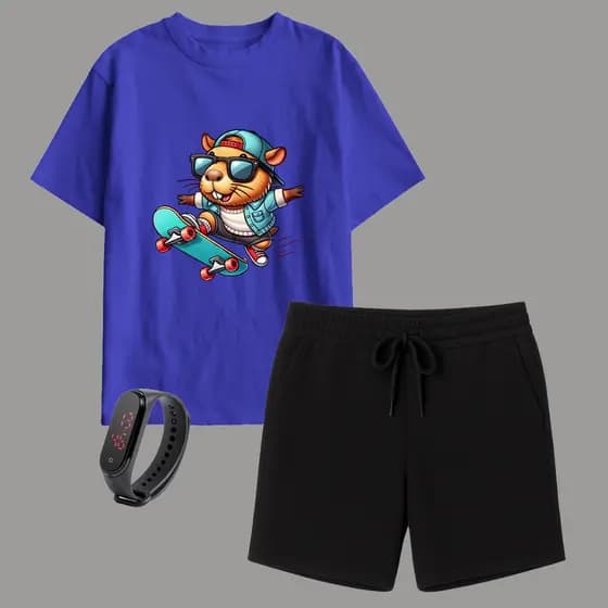 Kit Camiseta Infantil Capibara e Short Moletinho + Relógio Brinde