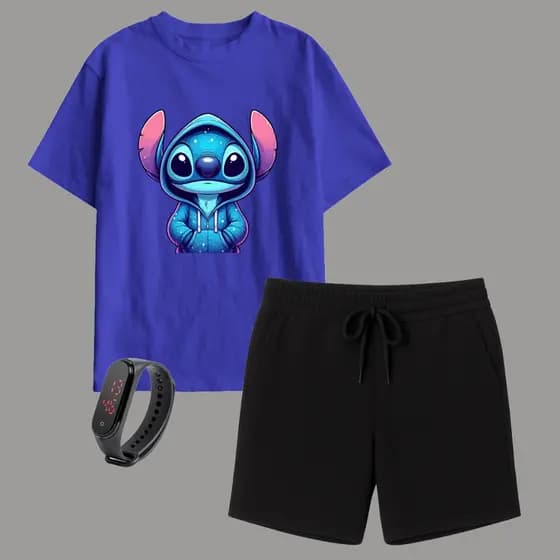 Kit Camiseta Infantil Stich e Short Moletinho Masculino Brinde Relógio