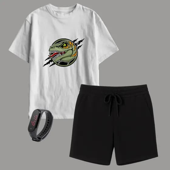 Kit Infantil Camiseta Dinossauro e Short Moletinho + Brinde Relógio Digital