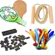 Kit 08 Brinquedos p/ Lembrancinha Infantil Prenda Atacado Dominó Raquete Corda de Pular Peteca