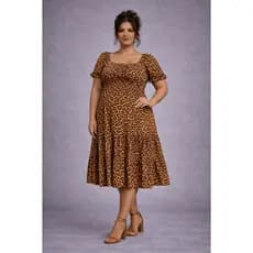 Vestido Plus Size Animal Print Manga Curta Bufante Cintura Marcada Midi Confortável Soltinho Estiloso Chic Tendência