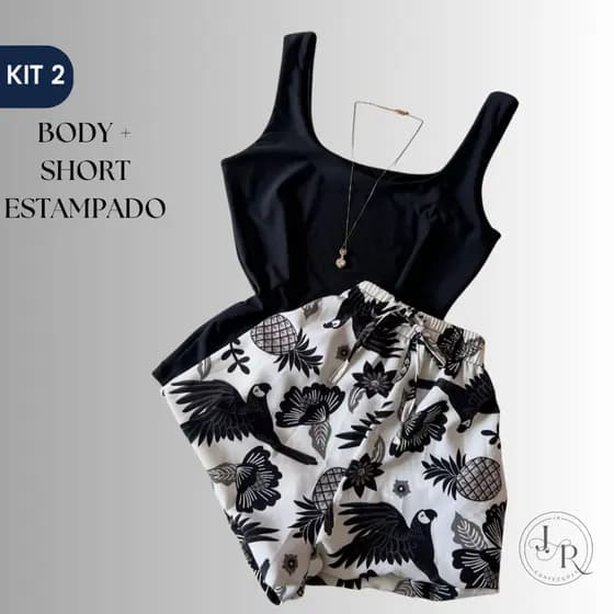Conjunto Feminino Short Estampado + Body Confortável Soltinho Moda Praia Estiloso Shorts Shorte Tendencia Tamanho M e G