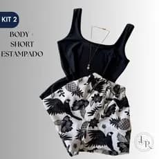 Conjunto Feminino Short Estampado + Body Confortável Soltinho Moda Praia Estiloso Shorts Shorte Tendencia Tamanho M e G