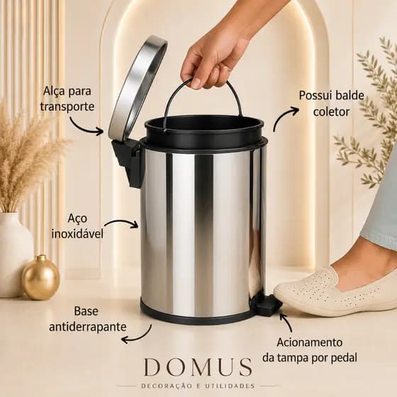 Lixeira 7Lts 12Lts de Inox  Com Pedal e Cesto Removível Banheiro Cozinha