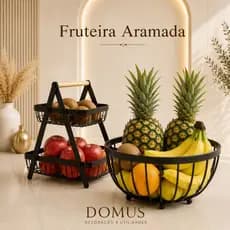 Fruteira de Mesa Dois Andares de Ferro e Bambu para Café da Manhã de Metal Preto Multiuso
