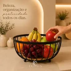 Fruteira de Mesa  de Ferro e Bambu para Café da Manhã de Metal Preto Multiuso Cozinha Gourmet