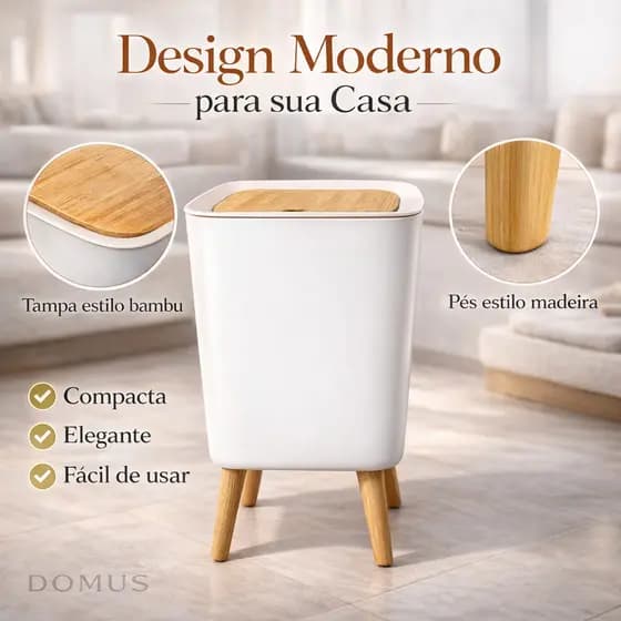 Lixeira Banheiro Moderna Quadrada 8 Litros Tampa Madeira Pé Estilo Madeira