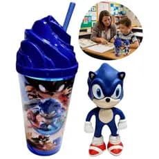 Kit Copo Com Tampa + Boneco Sonic Personagem Tails Escolar