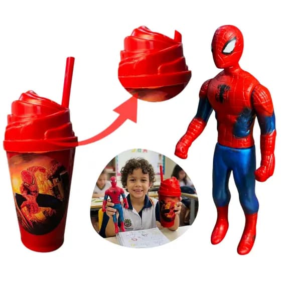 Kit Copo Com Boneco Homem Aranha Vingadores Avengers Escolar