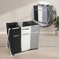 Cesto Roupa Suja 3 Divisórias Organizador Lavanderia Dobrável Triplo Grande Tecido Suporte Metálico