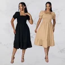 Kit 2 Vestido Moda Evangélica  Manga Princesa Elegante Fresquinho Casual Gestante Midi Babado Lastéx
