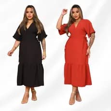 Kit 2 Vestidos  Moda Evangélica Feminino Midi Casual Fresquinho com Regulador Babado Elegante