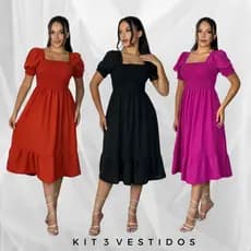 kit 3 Vestido Feminino Midi  Moda Evangélica Babado Princesa Elegante Fresquinho Casual Dia a DIa