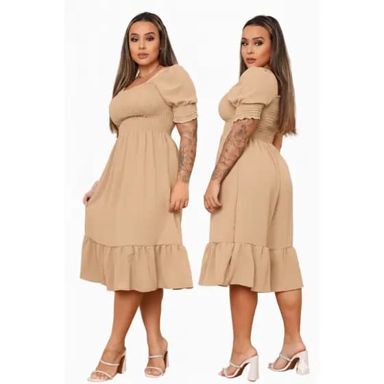 Vestido Evagélico Moda Maior  Duna Manga Princesa Lastéx Babado Casual Fardamento Elegante Barato