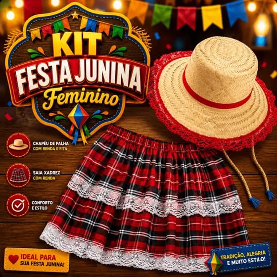Saia Xadrez Festa Junina Julina Feminina com Chapéu Caipira Adulto Juvenil Festa São João