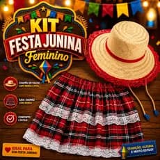 Saia Xadrez Festa Junina Julina Feminina com Chapéu Caipira Adulto Juvenil Festa São João
