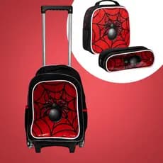 Kit Mochila Infantil Spider Aranha Grande Reforçada Com Rodinhas Lancheira Térmica e Estojo Duplo