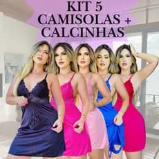 Kit Com 5 Camisolas Sensual Com Renda + Calcinha Fio Dental - Pijama Feminino