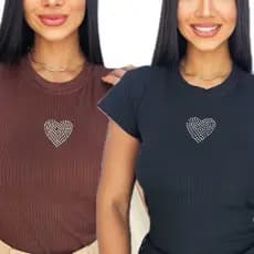 Kit 2 Blusa Feminina com Strass De Coração no Canelado