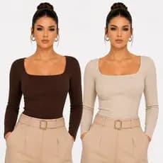 Kit 2 Blusas Manga Longa Gola Quadrada Femenina Promoção Inverno