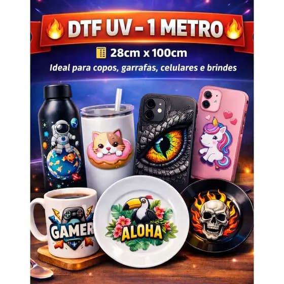 Adesivo DTF UV Personalizado 1 Metro (28x100cm) | Para Copos, Canecas, Vidro, Acrílico e Plástico | Alta Definição