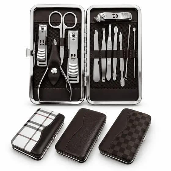 Kit 12 portátil para manicure com cortador de unhas pinça e tesoura estojo com organizador de Couro