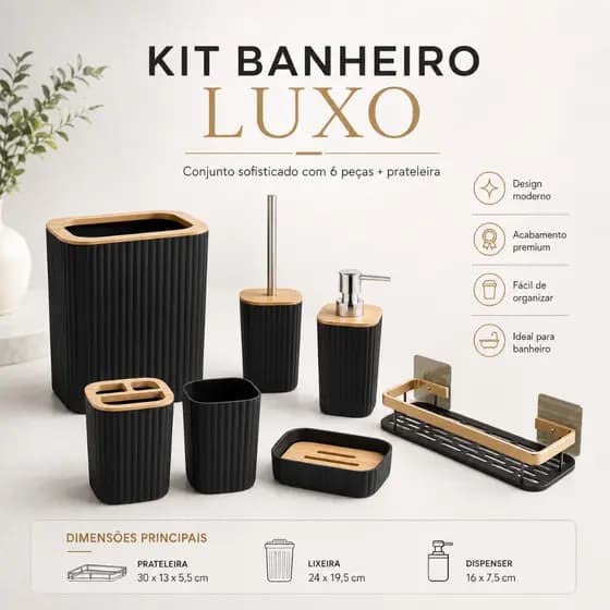 Kit de Luxo para Banheiro Cor Preto 8 Peças Completo Moderno Decorativo para Lavabo e Banheiro