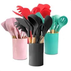 Kit 12 Utensílios De Cozinha Em Silicone E Cabo De Madeira
