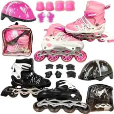 PATINS ROLLER IN LINE AJUSTAVEL C LUZ LED KIT PROTEÇÃO 4 RODAS FEMININO ROSA MASCULINO PRETO