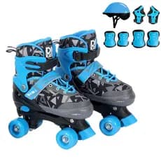 Patins 4 Rodas Masculino Azul e Preto Ajustável Com Kit Proteção Azul e Com Cadarço