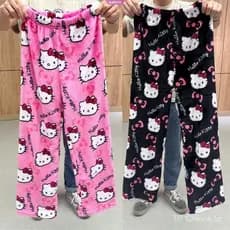 Hello Kitty Pijama Calças Kawaii Kt Cat Mulheres Quente Casual Outono Inverno Calças De Pelúcia Macia Coral Britches De