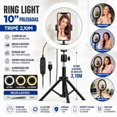 Ring Light 10 Polegadas Com Tripé 2,10m Suporte Celular LED 3 Tons De Luz Ajustável Para Vídeos Maquiagem