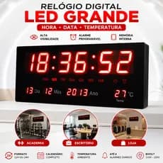 Relógio de Parede Digital LED Vermelho Grande com Alarme Calendário Hora e Temperatura