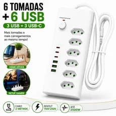 Extensão Filtro de Linha 6 Tomadas 3 USB + 3 USB-C Bivolt 110/220V Cabo 2m Protetor Energia 2500W Casa Office