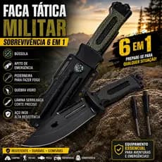 Faca Tática Militar Sobrevivência Aço Inox com Bainha Bússola Apito Pederneira Quebra Vidro Camping Trilha