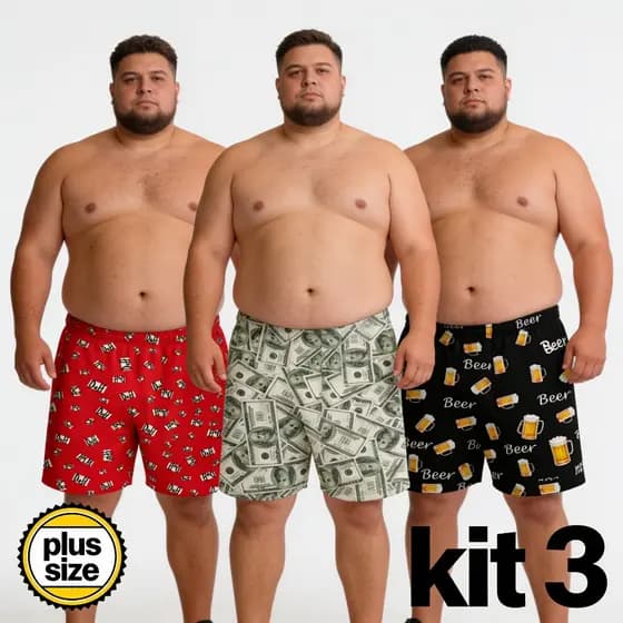 Kit com 3 Samba Canção Plus Size Masculina Adulto Confortável em Microfibra