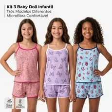 Kit 3 Pijama Infantil Feminino Baby Doll Microfibra Estampado Conjunto Confortável Delicado Menina
